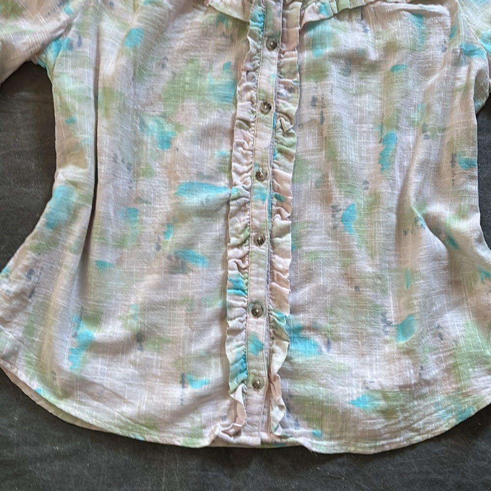 Democracy Elbow Sleeve button down ruffle trim yoke woven shirt/top XL - Picture 6 of 16